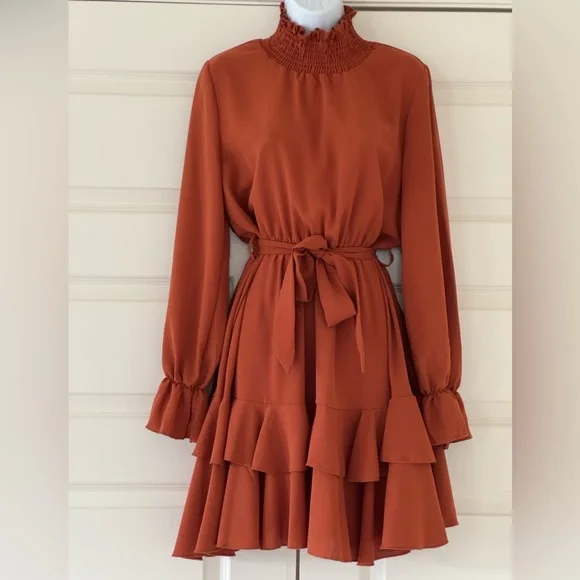 Orange Ruffled Tiered Long Sleeve Dress - Picture 2 of 2